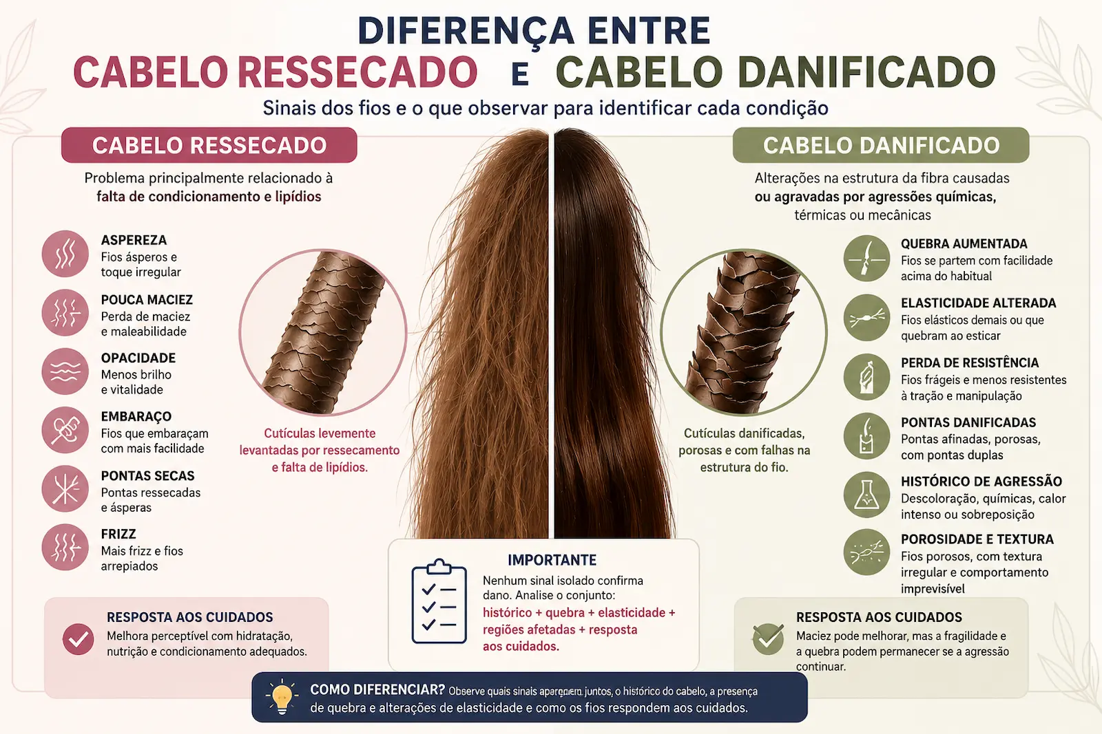 Diferença entre cabelo ressecado e cabelo danificado mostrando sinais dos fios