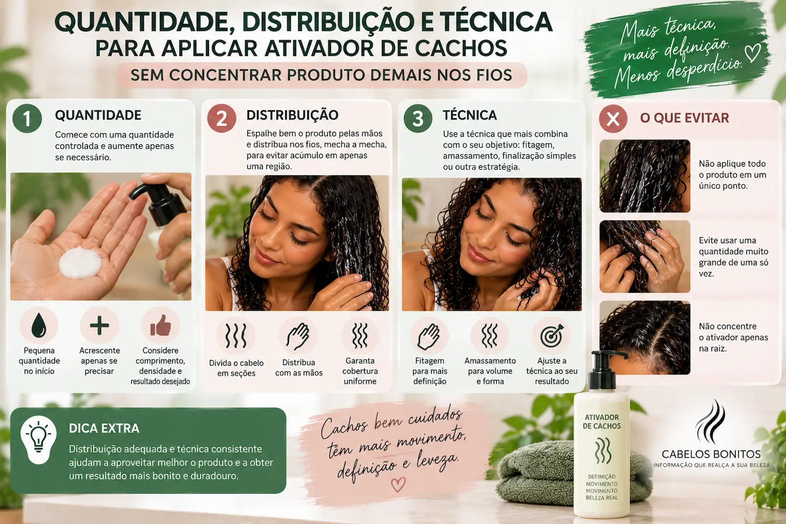 Quantidade, distribuição e técnica para aplicar ativador de cachos sem concentrar produto demais nos fios